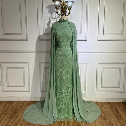 2025 muslim Sage Green Mermaid Cape Sleeves Beaded Satin Luxury Evening Dresses Gowns for Women Party LA72413
