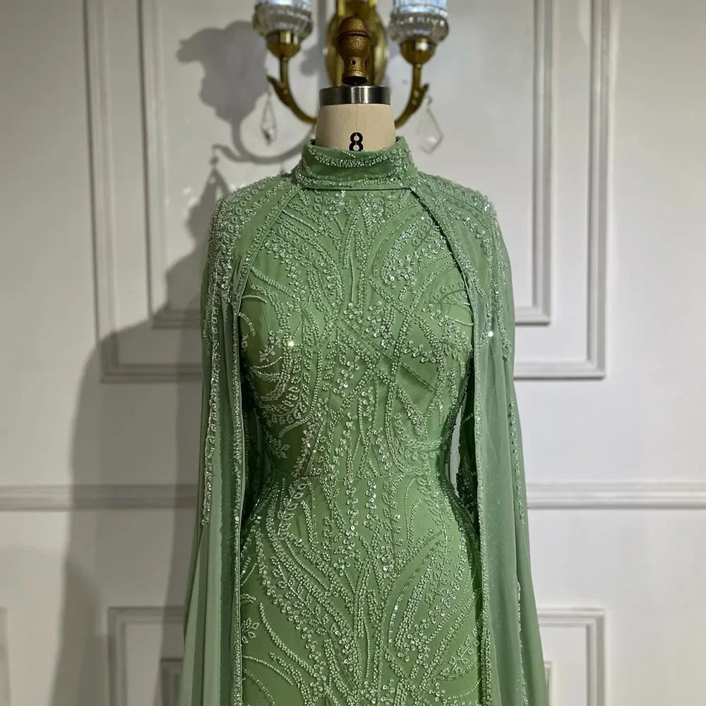 Vestido de noche musulmán de lujo verde salvia con capa y mangas largas LA72413