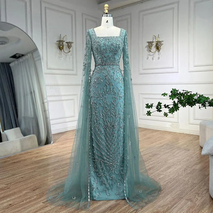 Luxuriöses arabisches türkisfarbenes Abendkleid mit Cape-Ärmeln LA72400