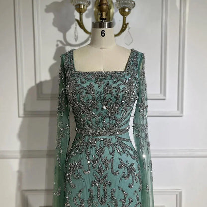 Luxuriöses arabisches türkisfarbenes Abendkleid mit Cape-Ärmeln LA72400
