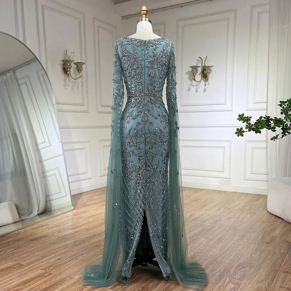 Luxuriöses arabisches türkisfarbenes Abendkleid mit Cape-Ärmeln LA72400