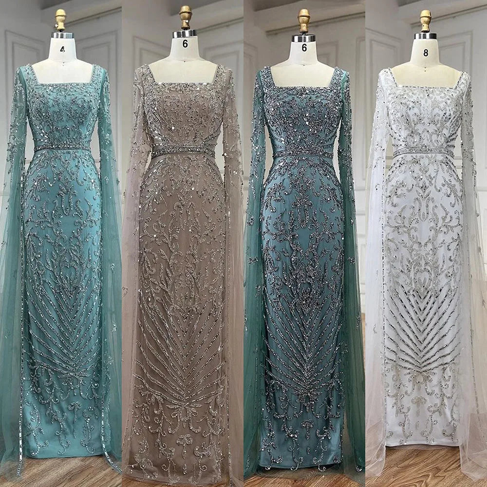 Luxuriöses arabisches türkisfarbenes Abendkleid mit Cape-Ärmeln LA72400