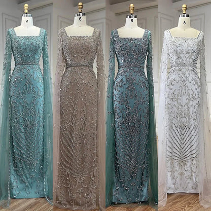 Luxuriöses arabisches türkisfarbenes Abendkleid mit Cape-Ärmeln LA72400