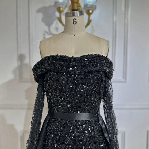 2025 Schwarzes schulterfreies Abendkleid mit Perlenkorsett und abnehmbarem Satin-Überrock für formelle Anlässe LA72254B 