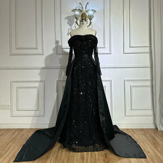 2025 Black Off-Shoulder Beaded Corset Evening Gown with Detachable Satin Overskirt for Formal Occasion LA72254B