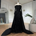 2025 Black Off-Shoulder Beaded Corset Evening Gown with Detachable Satin Overskirt for Formal Occasion LA72254B