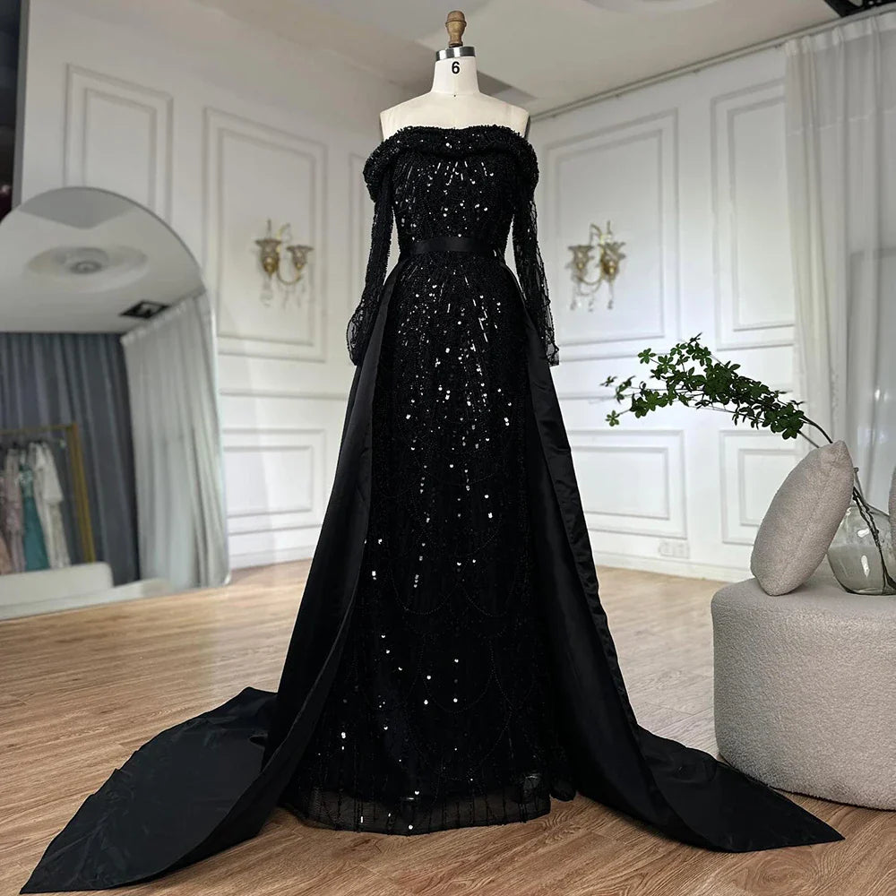 2025 Black Off-Shoulder Beaded Corset Evening Gown with Detachable Satin Overskirt for Formal Occasion LA72254B