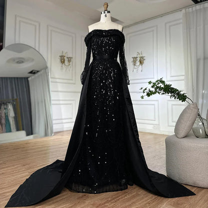 2025 Black Off-Shoulder Beaded Corset Evening Gown with Detachable Satin Overskirt for Formal Occasion LA72254B