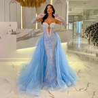 2025 Arabia Blue Mermaid Evening Dresses Gowns with Gloves and Overskirt for Formal Occasion LA72582