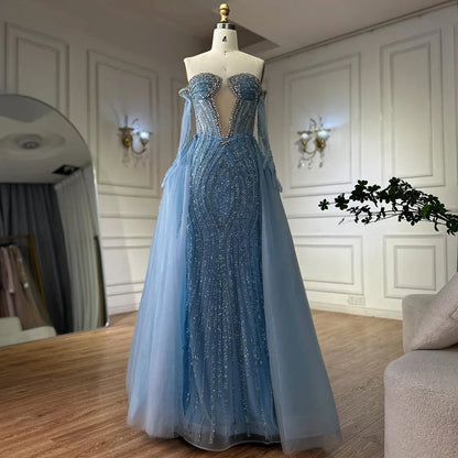 2025 Arabia Blue Mermaid Evening Dresses Gowns with Gloves and Overskirt for Formal Occasion LA72582