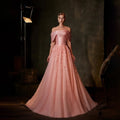 2025 Arabia Peach Off-the-Shoulder A-Line Satin Appliques Evening Dress Gown for Formal Occasion LA72830