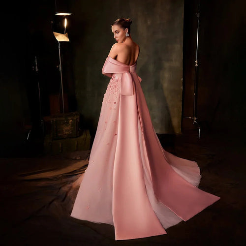 Vestido de noche Arabia Peach 2025, corte A, de satén con apliques y hombros descubiertos para ocasiones formales LA72830 