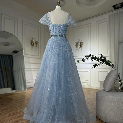 Vestido de noche azul corte A con cuentas y espalda descubierta LA72834