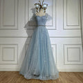 Vestido de noche azul corte A con cuentas y espalda descubierta LA72834