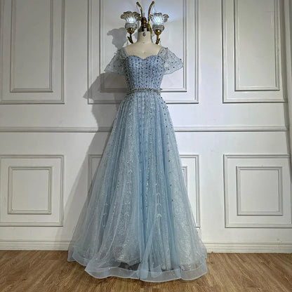 Vestido de noche azul corte A con cuentas y espalda descubierta LA72834