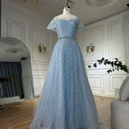 Vestido de noche azul corte A con cuentas y espalda descubierta LA72834