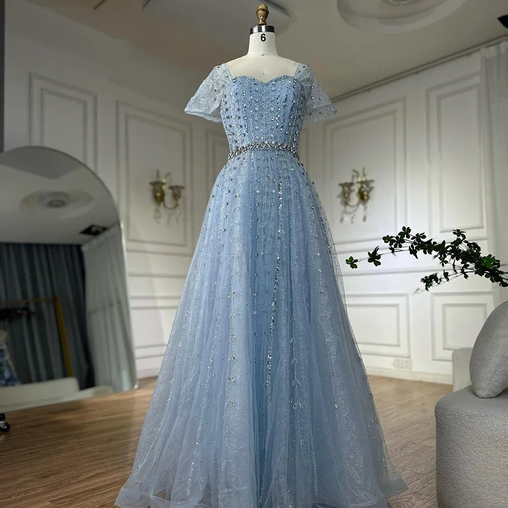 Vestido de noche azul corte A con cuentas y espalda descubierta LA72834