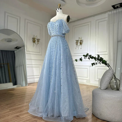 Vestido de noche azul corte A con cuentas y espalda descubierta LA72834