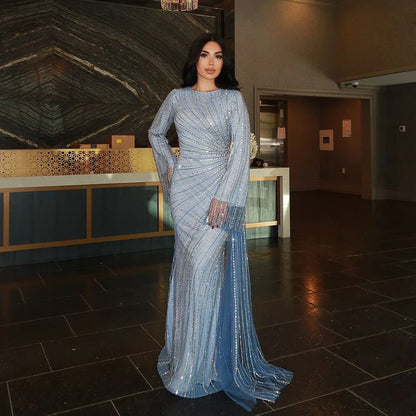 2025  Arabic Elegant Blue Beaded Saudi Evening Dresses Gowns for Formal Occasion LA72822