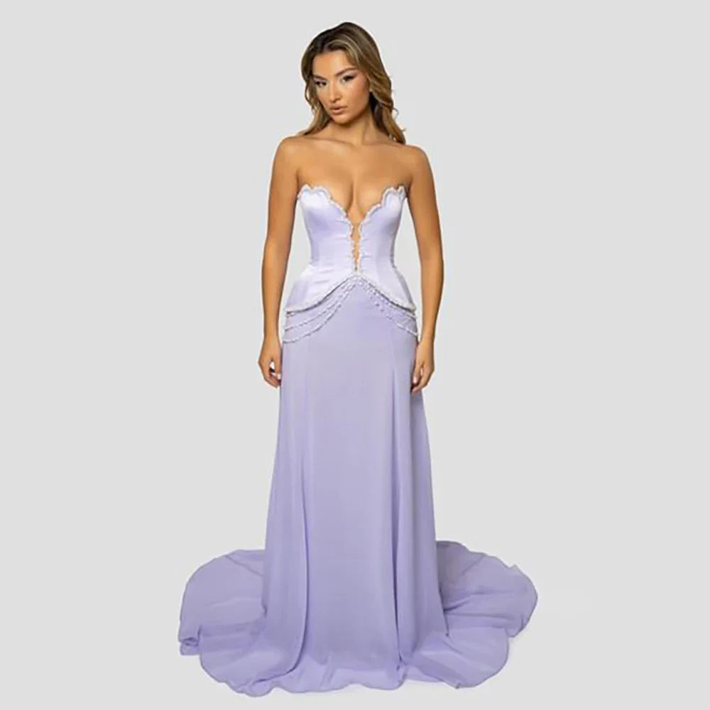 2025 Arabic Lilac Beaded Strapless Mermaid Satin Evening Dresses Gowns for Formal Occasion LA72808