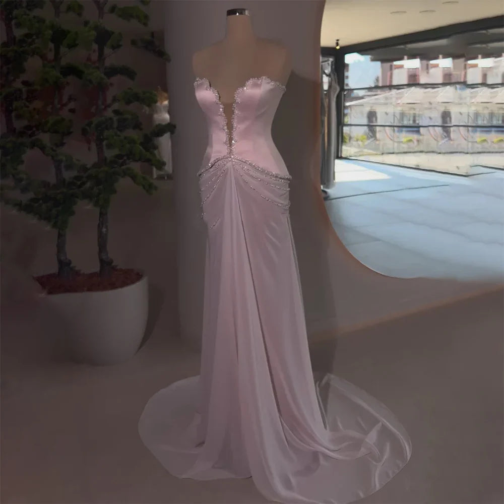 2025 Arabic Lilac Beaded Strapless Mermaid Satin Evening Dresses Gowns for Formal Occasion LA72808