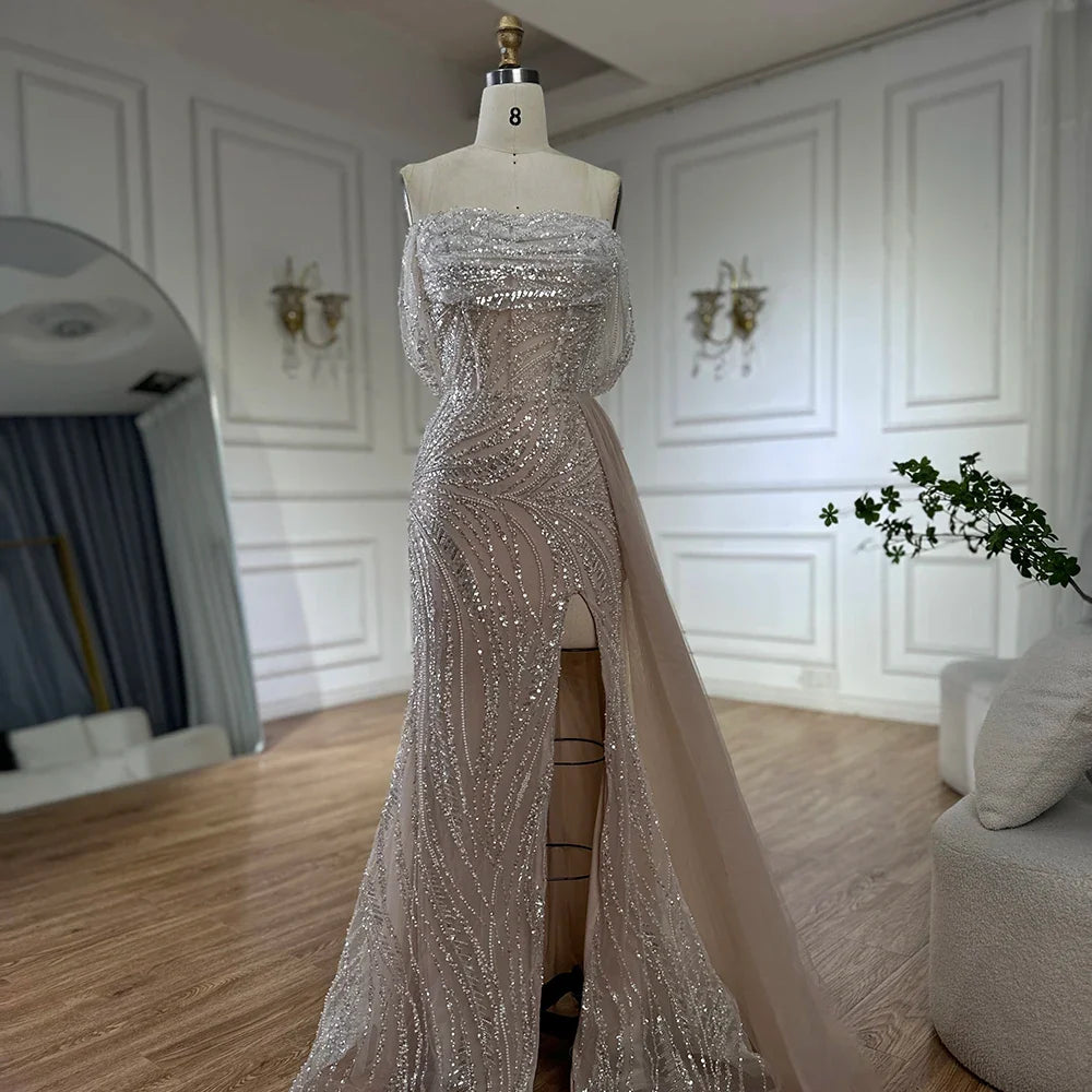 Weiß Arabisch Nude Perlen High Split Meerjungfrau Abendkleider Kleider Für Frauen Hochzeit Party LA72266B 
