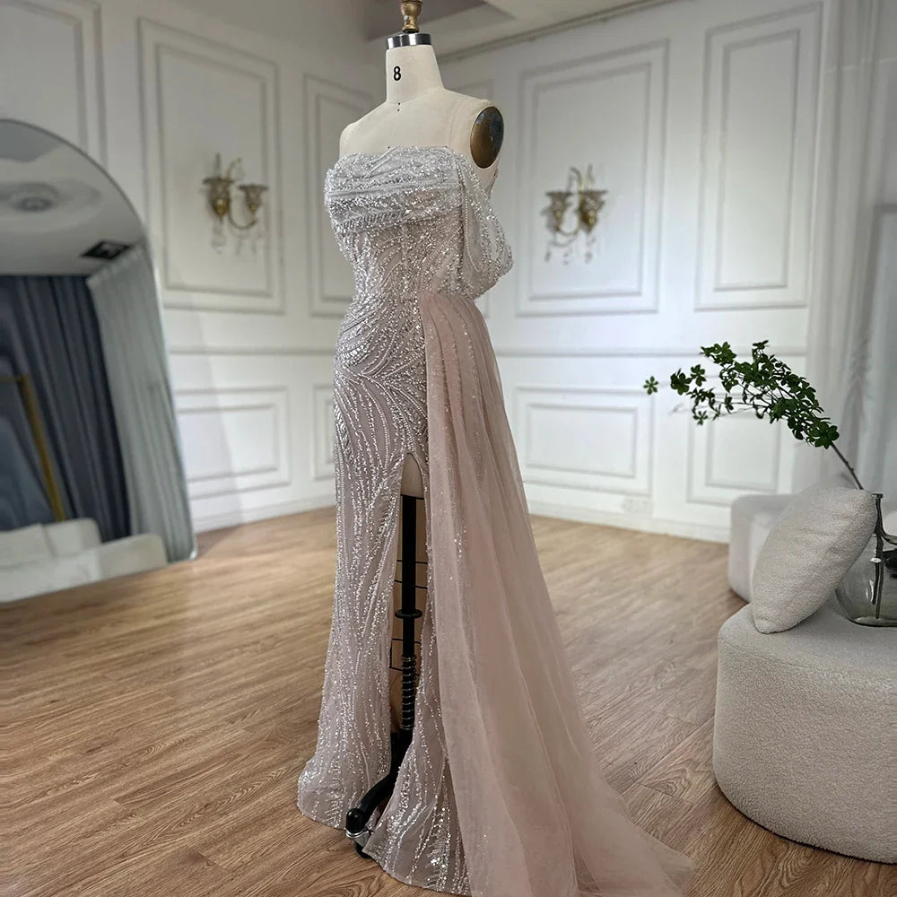 Weiß Arabisch Nude Perlen High Split Meerjungfrau Abendkleider Kleider Für Frauen Hochzeit Party LA72266B 
