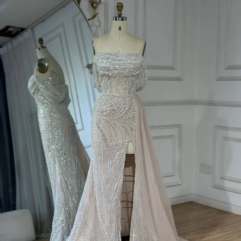 Weiß Arabisch Nude Perlen High Split Meerjungfrau Abendkleider Kleider Für Frauen Hochzeit Party LA72266B 