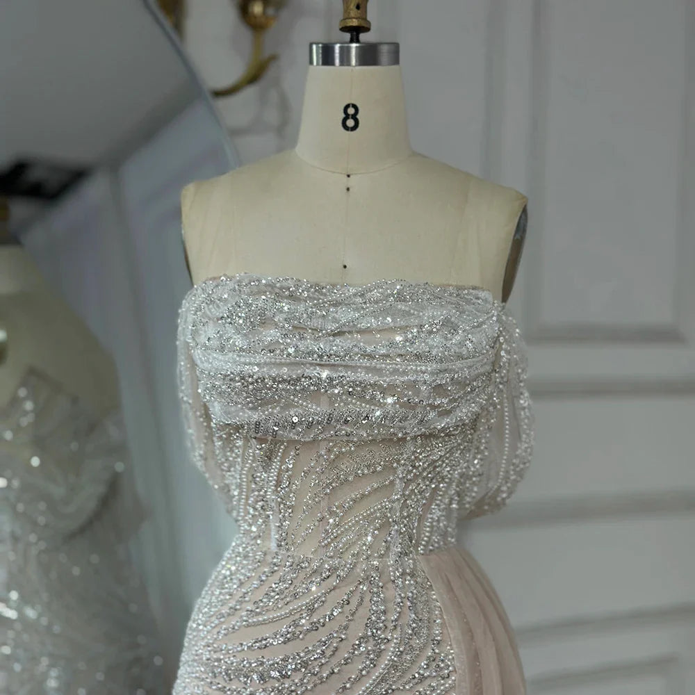 Weiß Arabisch Nude Perlen High Split Meerjungfrau Abendkleider Kleider Für Frauen Hochzeit Party LA72266B 
