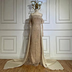 2025 Arabic Nude Luxury Pearls Beaded Mermaid Evening Gown with Overskirt for Formal Occasion LA72160B