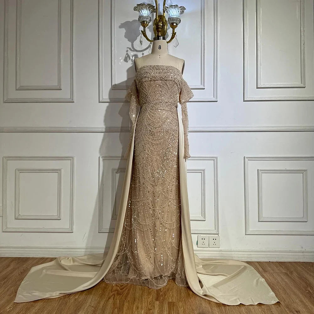 2025 Arabic Nude Luxury Pearls Beaded Mermaid Evening Gown with Overskirt for Formal Occasion LA72160B