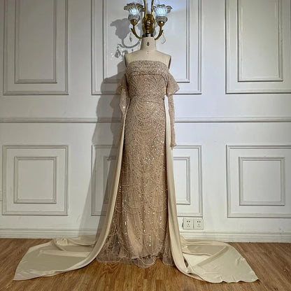 2025 Arabic Nude Luxury Pearls Beaded Mermaid Evening Gown with Overskirt for Formal Occasion LA72160B