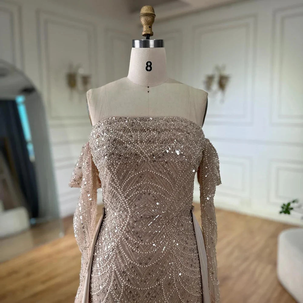 2025 Arabic Nude Luxury Pearls Beaded Mermaid Evening Gown with Overskirt for Formal Occasion LA72160B