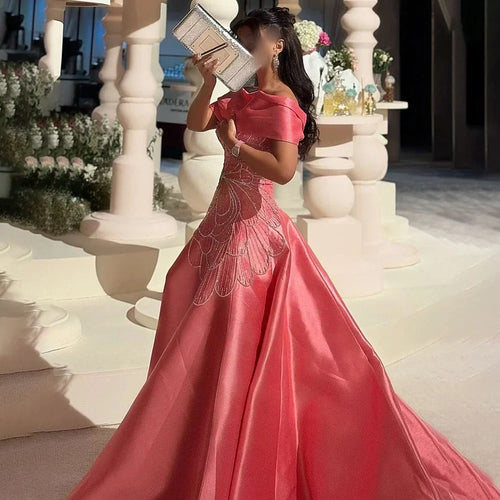 2025 Arabisch Rosa A-Linie Satin Perlen Saudi Abendkleider Kleider für formelle Anlässe LA72195A 