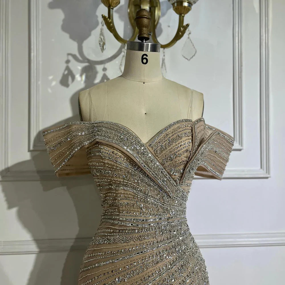 2025 Arabic Silver Nude Mermaid Beaded  Evening Dress with Split for Formal Occasion Saudi LA72481A