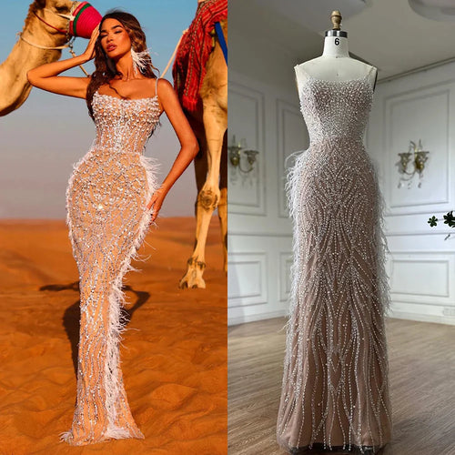 2025 Arabisches weißes nacktes Spaghettiträger-Meerjungfrauen-Abendkleid mit Federn und Perlen für formelle Anlässe LA72823