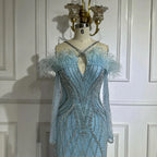 2025 Blue Feather Beaded Luxury Mermaid Evening Dresses Gowns for Women Formal Occasion LA72836
