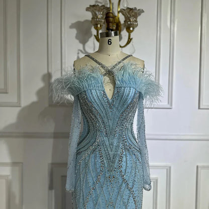 2025 Blue Feather Beaded Luxury Mermaid Evening Dresses Gowns for Women Formal Occasion LA72836
