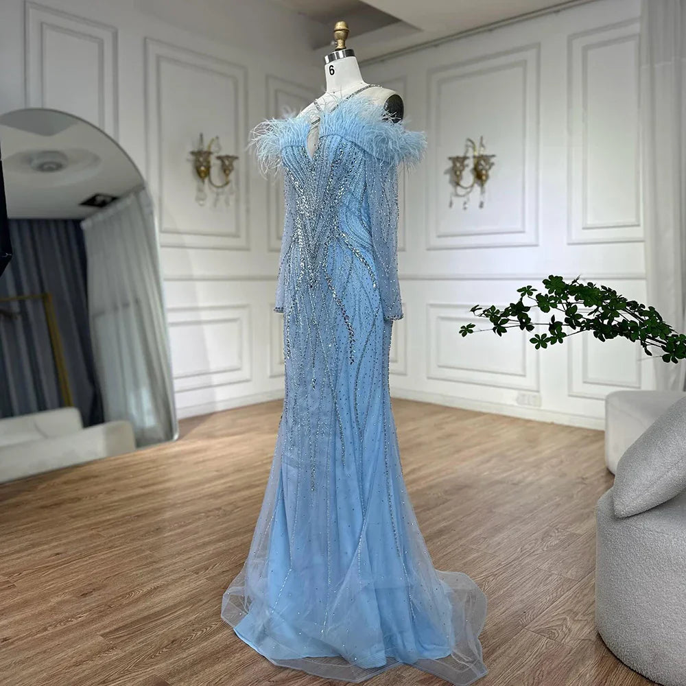 2025 Blue Feather Beaded Luxury Mermaid Evening Dresses Gowns for Women Formal Occasion LA72836