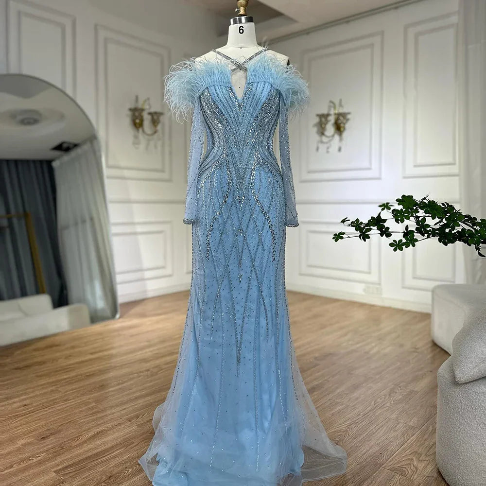 2025 Blue Feather Beaded Luxury Mermaid Evening Dresses Gowns for Women Formal Occasion LA72836