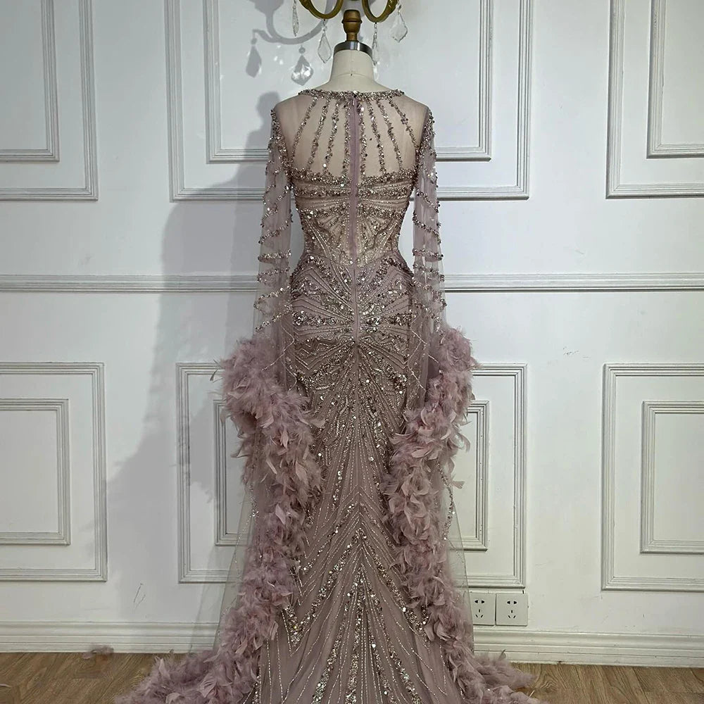 Luxury Mermaid Evening Dress with Feather Cape Sleeves LA72708A