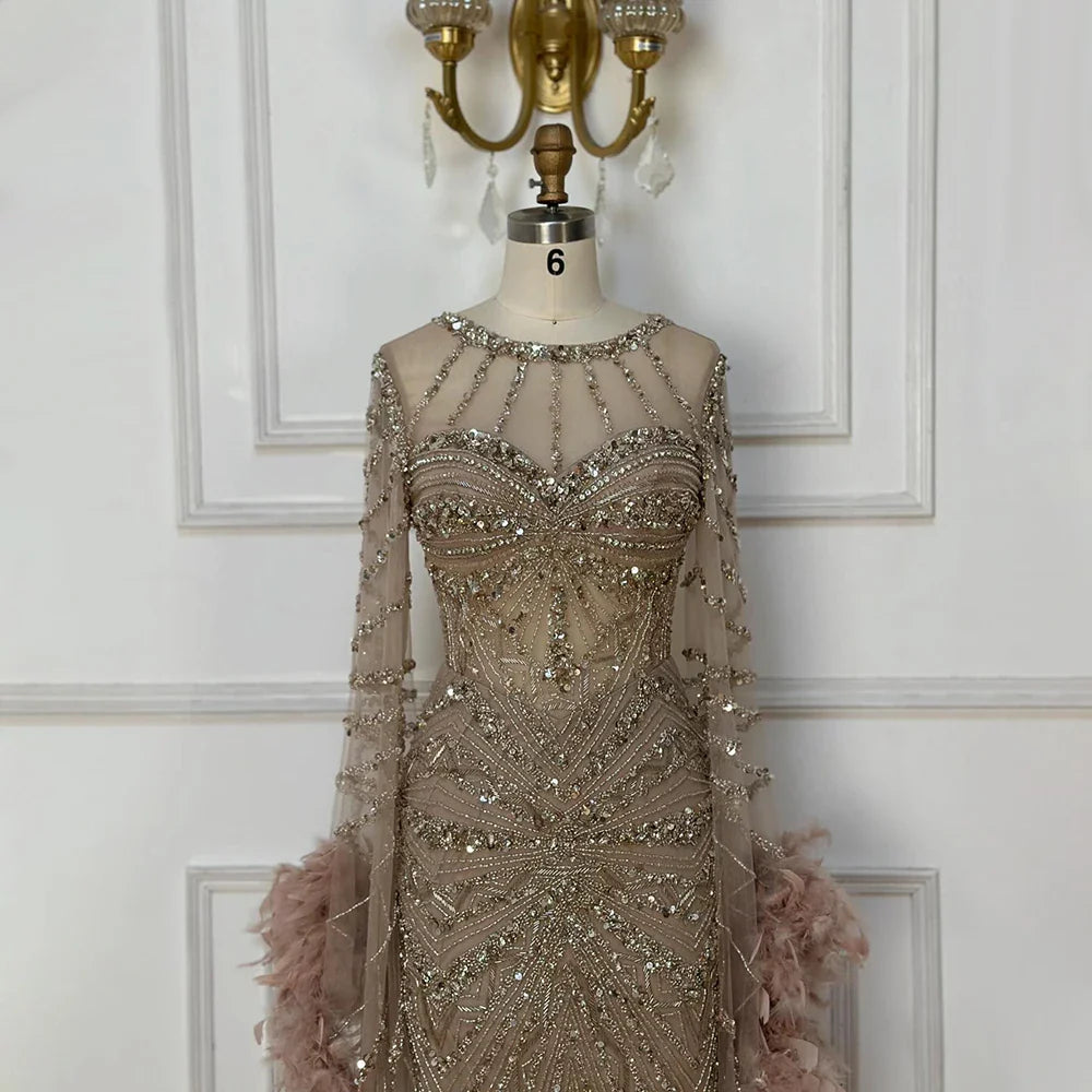 Luxury Mermaid Evening Dress with Feather Cape Sleeves LA72708A