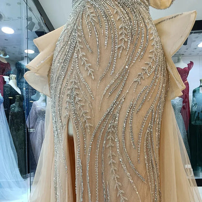2025 Caramel Beaded Mermaid Evening Gown with Overskirt and Elegant Split for Formal Occasion LA72890