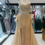 2025 Caramel Beaded Mermaid Evening Gown with Overskirt and Elegant Split for Formal Occasion LA72890