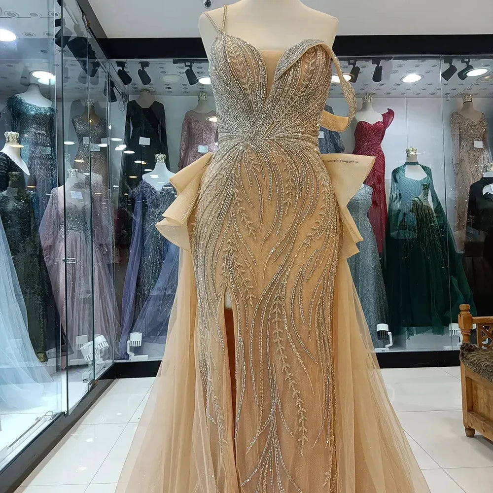 2025 Caramel Beaded Mermaid Evening Gown with Overskirt and Elegant Split for Formal Occasion LA72890