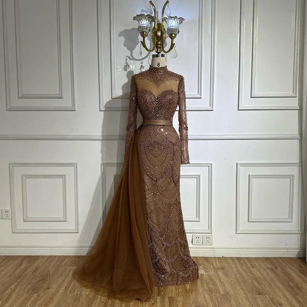 2025 Caramel Mermaid Beaded Arabic Evening Dresses Gowns with Side Overskirt for Formal Occasion LA71913A