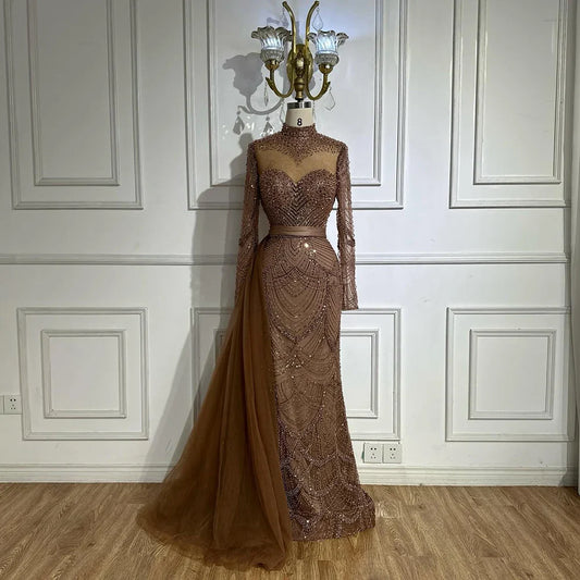 2025 Caramel Mermaid Beaded Arabic Evening Dresses Gowns with Side Overskirt for Formal Occasion LA71913A