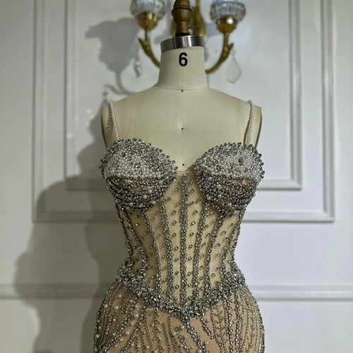 2025 Elegant Spaghetti Strap Pearl Beaded Mermaid Evening Gown for Formal Occasion LA72865