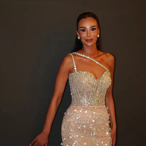 2025 Nude Perlenbesetztes One-Shoulder-Abendkleid mit Kristall für formelle Anlässe LA72872