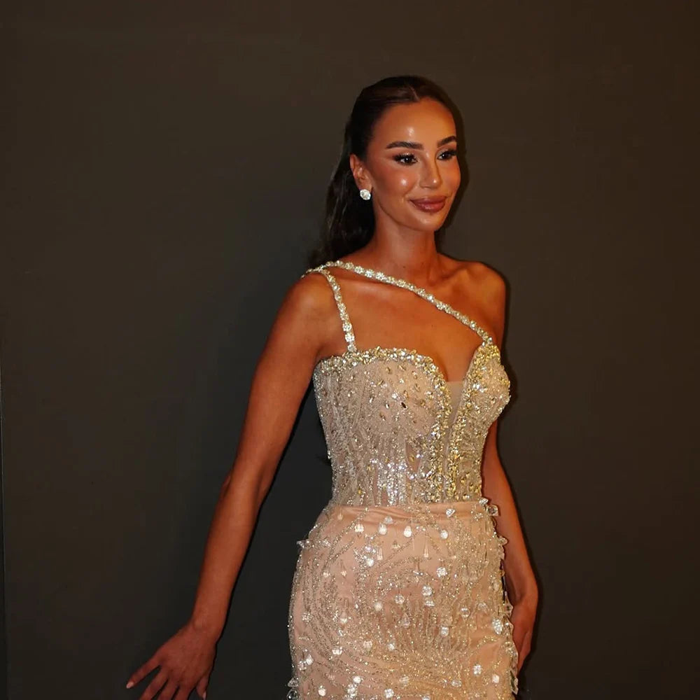 2025 Nude Beaded One-Shoulder Evening Gown with Crystal for Formal Occasion LA72872